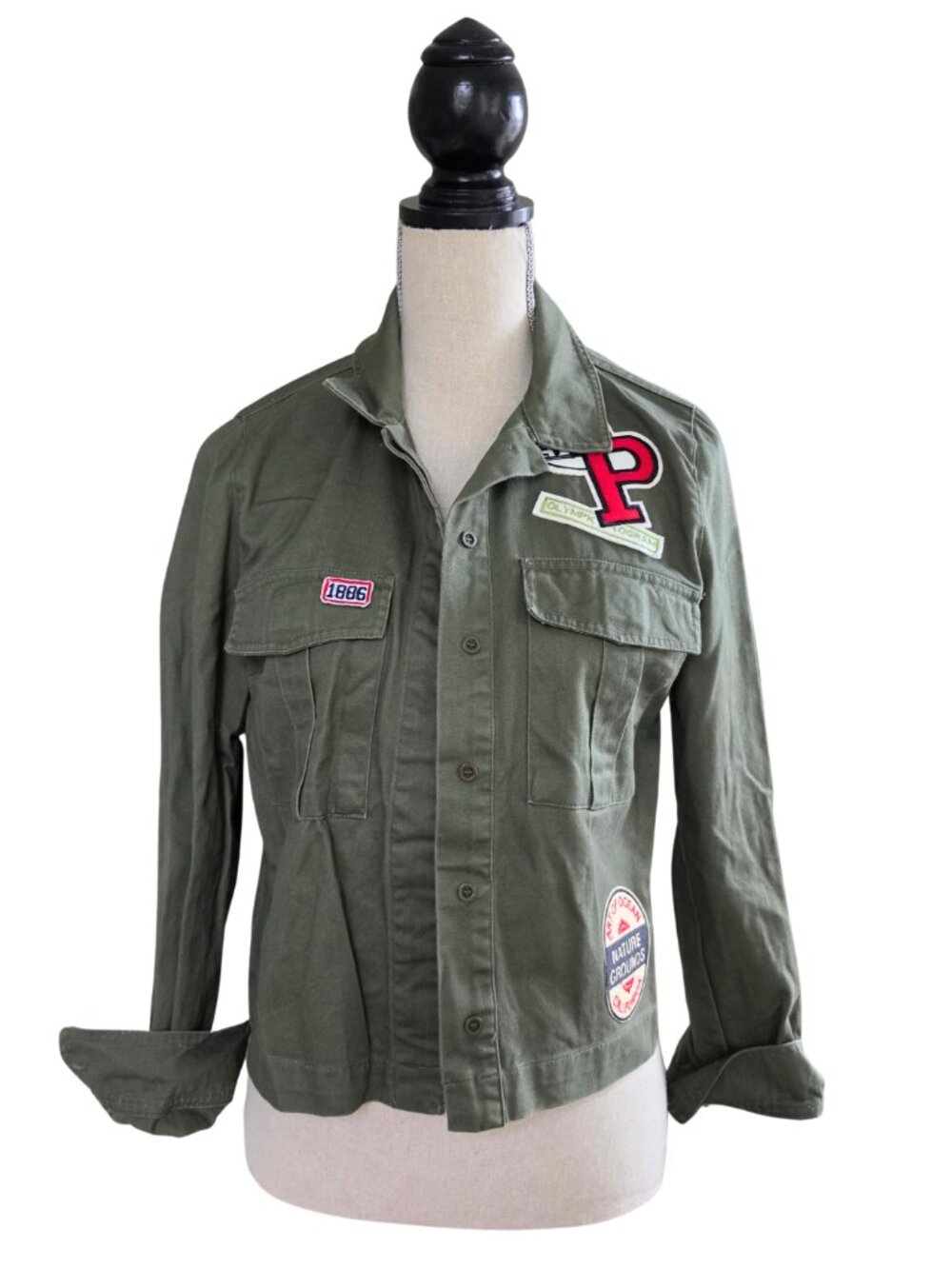 Forever 21 Olive Green Utility Field Short Jacket Embroidered Patches Army Small